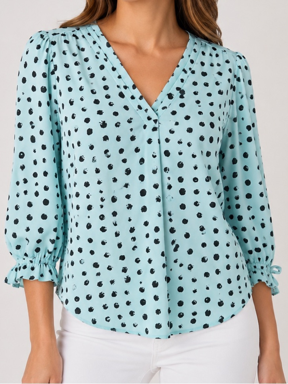 Worthington Mint Polka Dot V-Neck Blouse